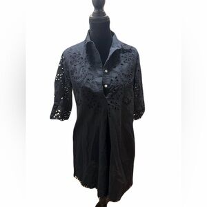 Connie Roberson Black Eyelet Button Down Tunic Shirtdress XS w/ pockets like new